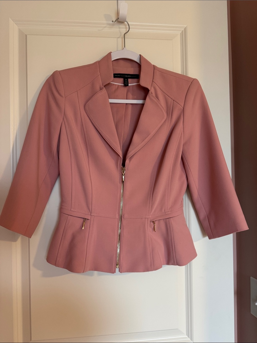White House Black Market Rose Pink Zip-Peplum Blazer